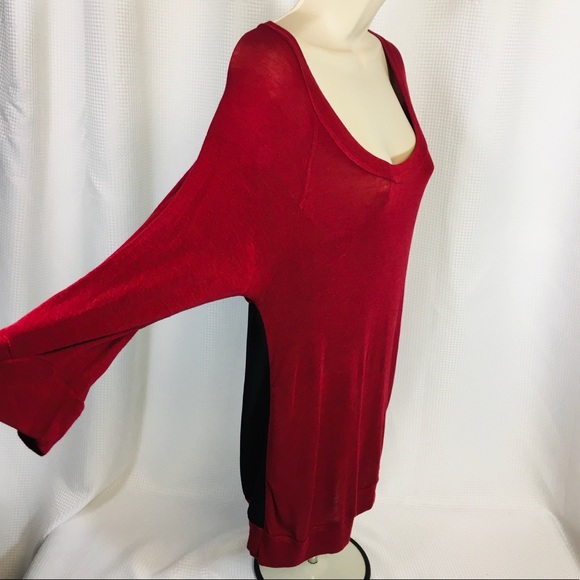 PLEIONE Burgundy Red Front & Black Back Mixed Media Top 3/4 Sleeves - Picture 4 of 9